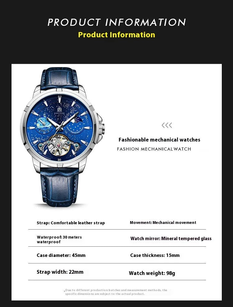 Blue dial men's automatic mechanical watch with stainless steel case on wrist