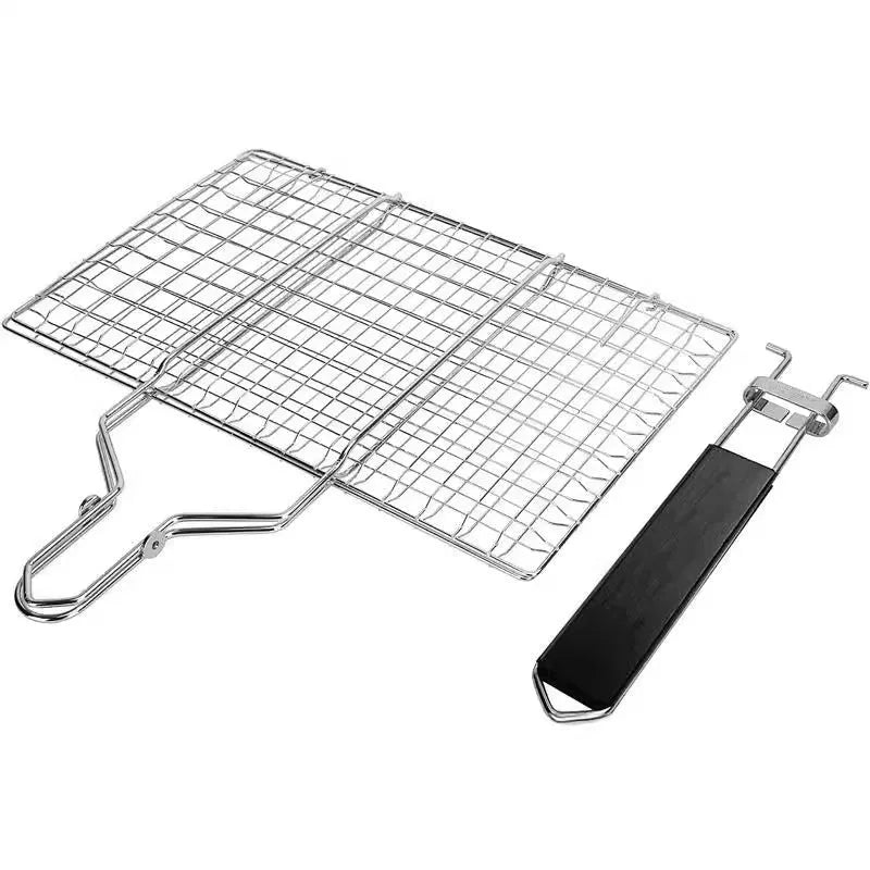 Square stainless steel folding barbecue grill mesh basket with a wire brush