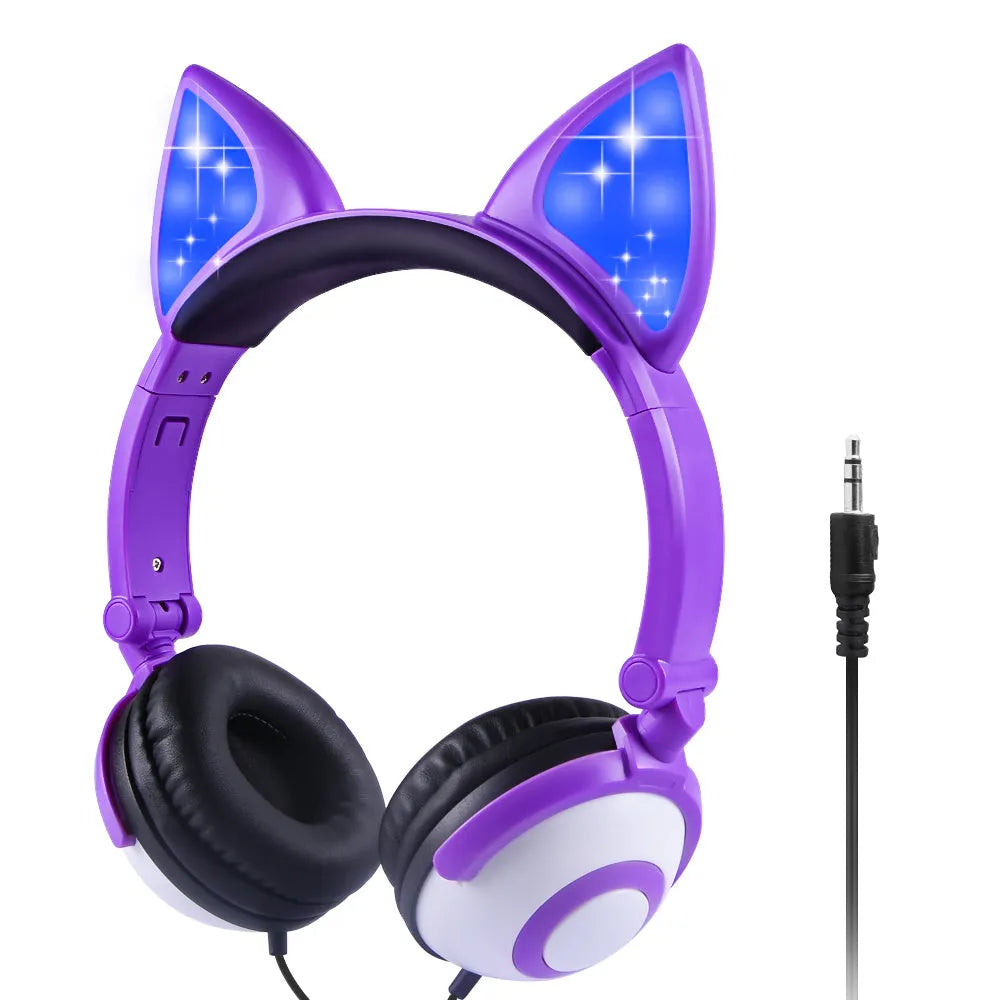LED flashing cat ear headphones in Peach pink with ABS shell and wired 3.5mm connector