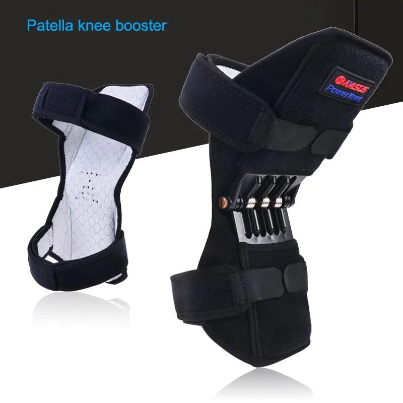 Adjustable spring knee brace support for mountaineering and sports, shown in black with breathable fabric.