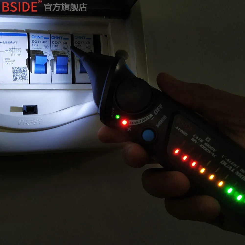 Smart sensor electrical test pencil with a long insulated round tip and LED indicator light.