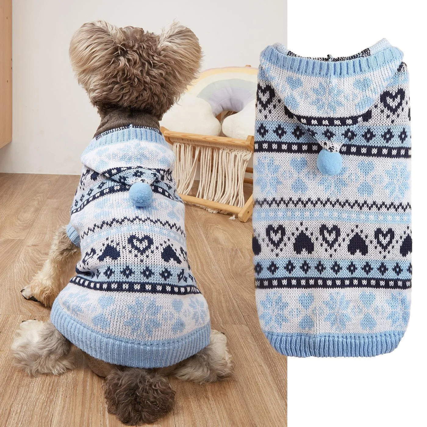 Striped camouflage knitted dog sweater with snowflake pattern in blue, grey or pink