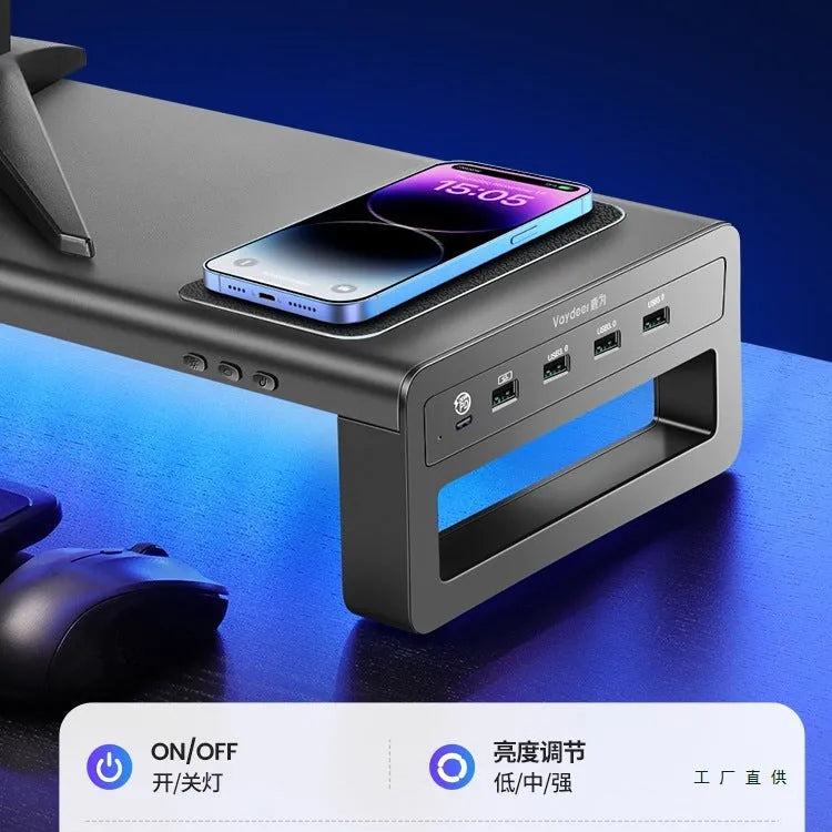 Desktop screen stand with drawer and fast charging ports for monitor riser