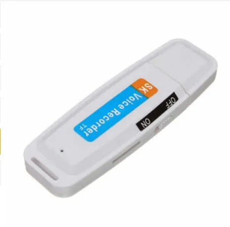 Black and white USB flash drive with voice playback function showing dimensions of 70mm length
