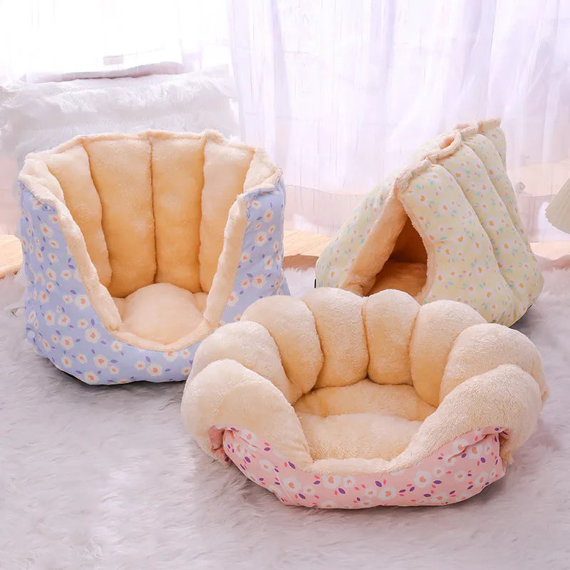 Cloth pet sofa bed for cats and small dogs in floral Pink Small Flower, Small Blue Flowers, or Yellow Small Flower, sizes S and M