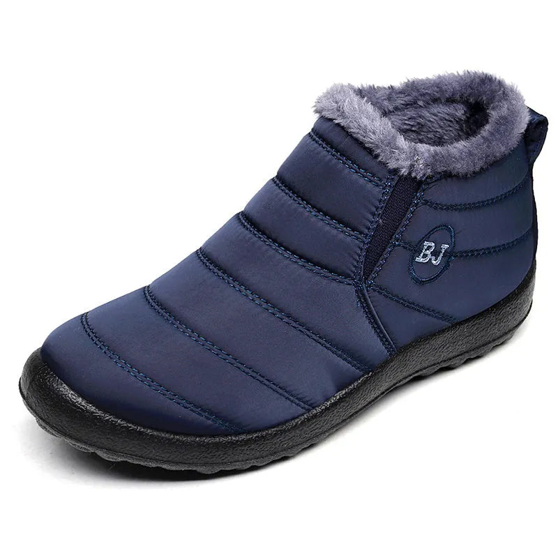 Men's waterproof snow boots with plush lining, non-woven upper, EVA outsole, slip-on ankle design.