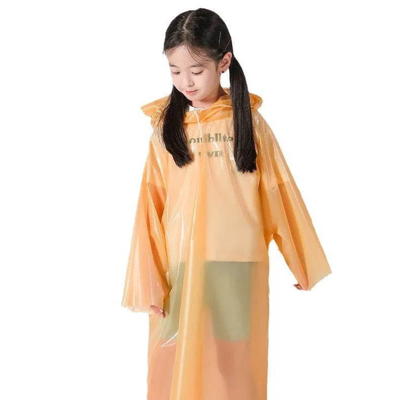 Disposable children's raincoat poncho in blue, yellow, orange, pink, green, and white colours, packaged size 13x9cm.