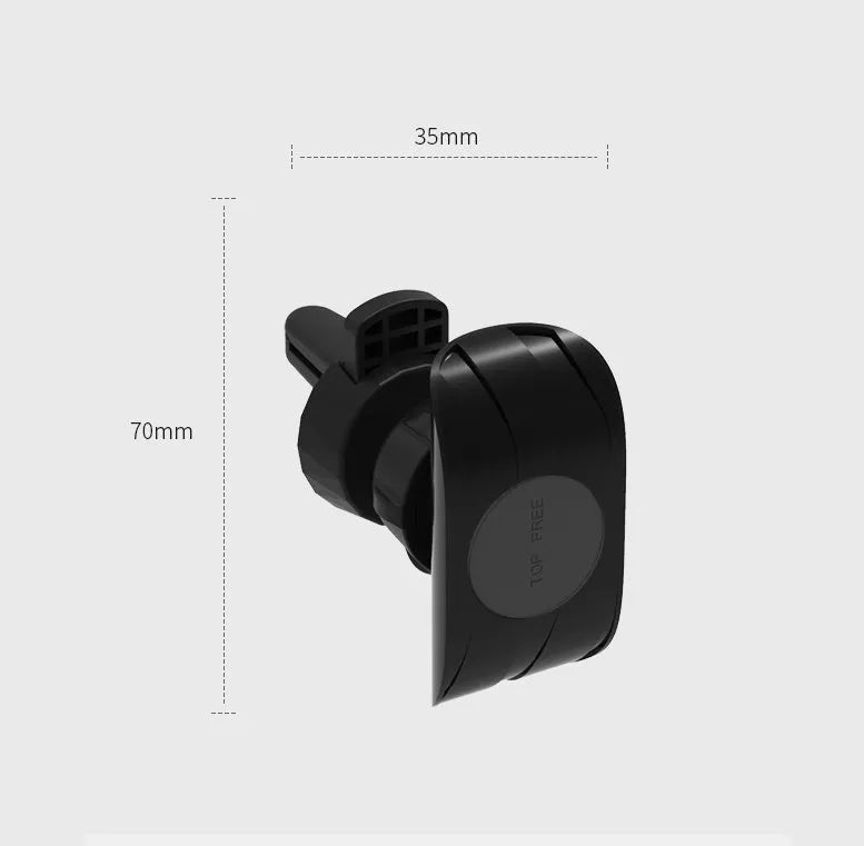 Glory black car phone holder clipped onto a car air vent, holding a mobile phone.