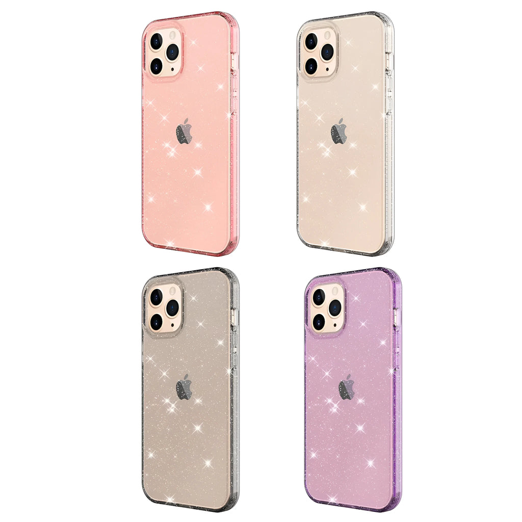 Glitter transparent TPU phone case for Apple iPhone 12 Pro Max in pink, black, purple and clear colours.