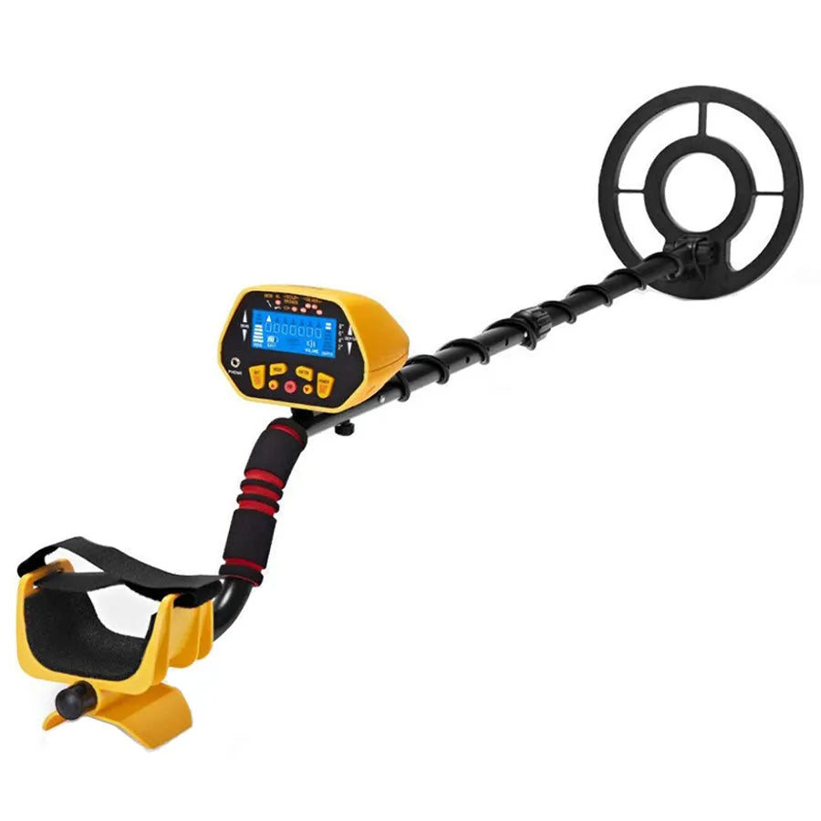 GC1028 black and yellow metal detector with LCD screen and adjustable pole on grass.