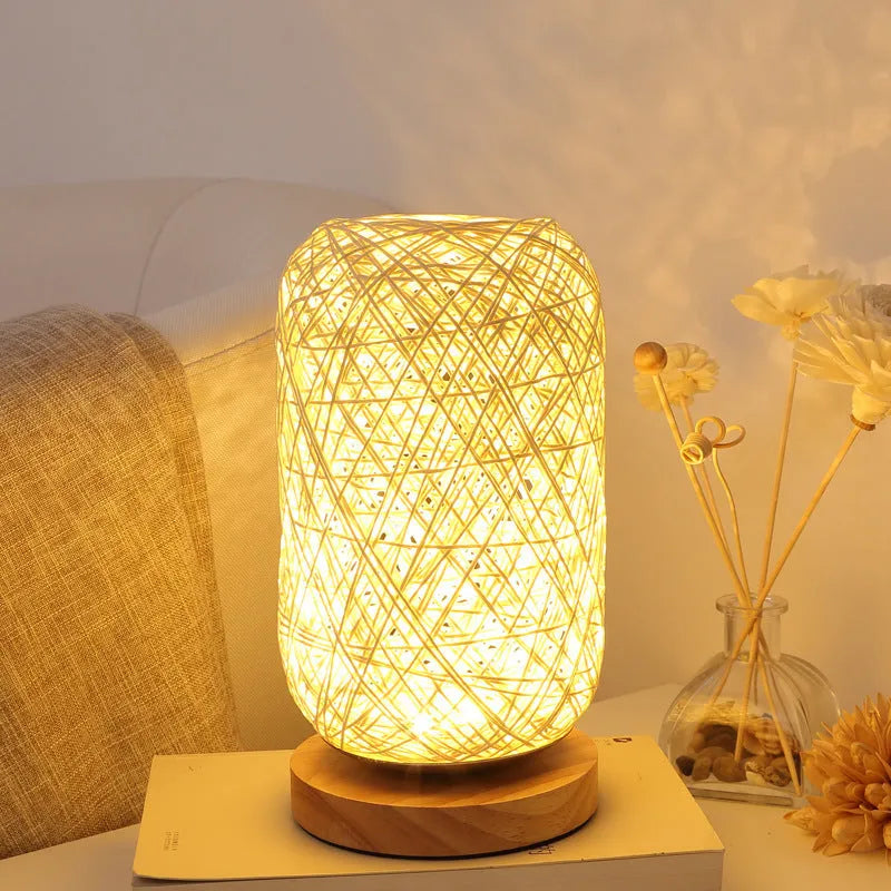 Woven hemp rope Sepak Takraw desk lamp with solid wood base and LED lighting