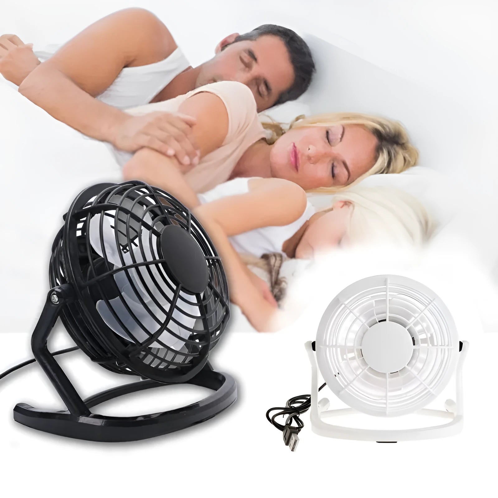Small black and white USB desk fan with adjustable angle on a wooden table.