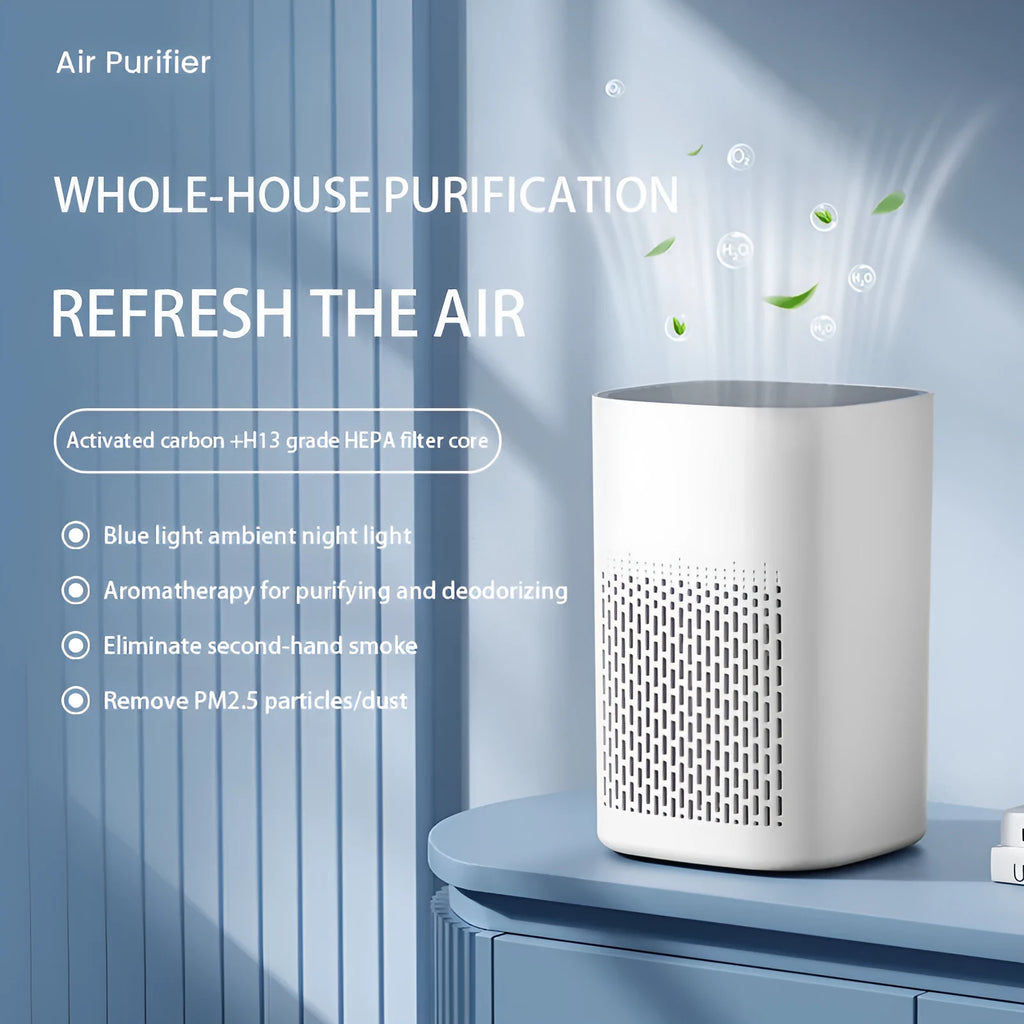 Compact desktop air purifier with USB cable connection and simple modern design