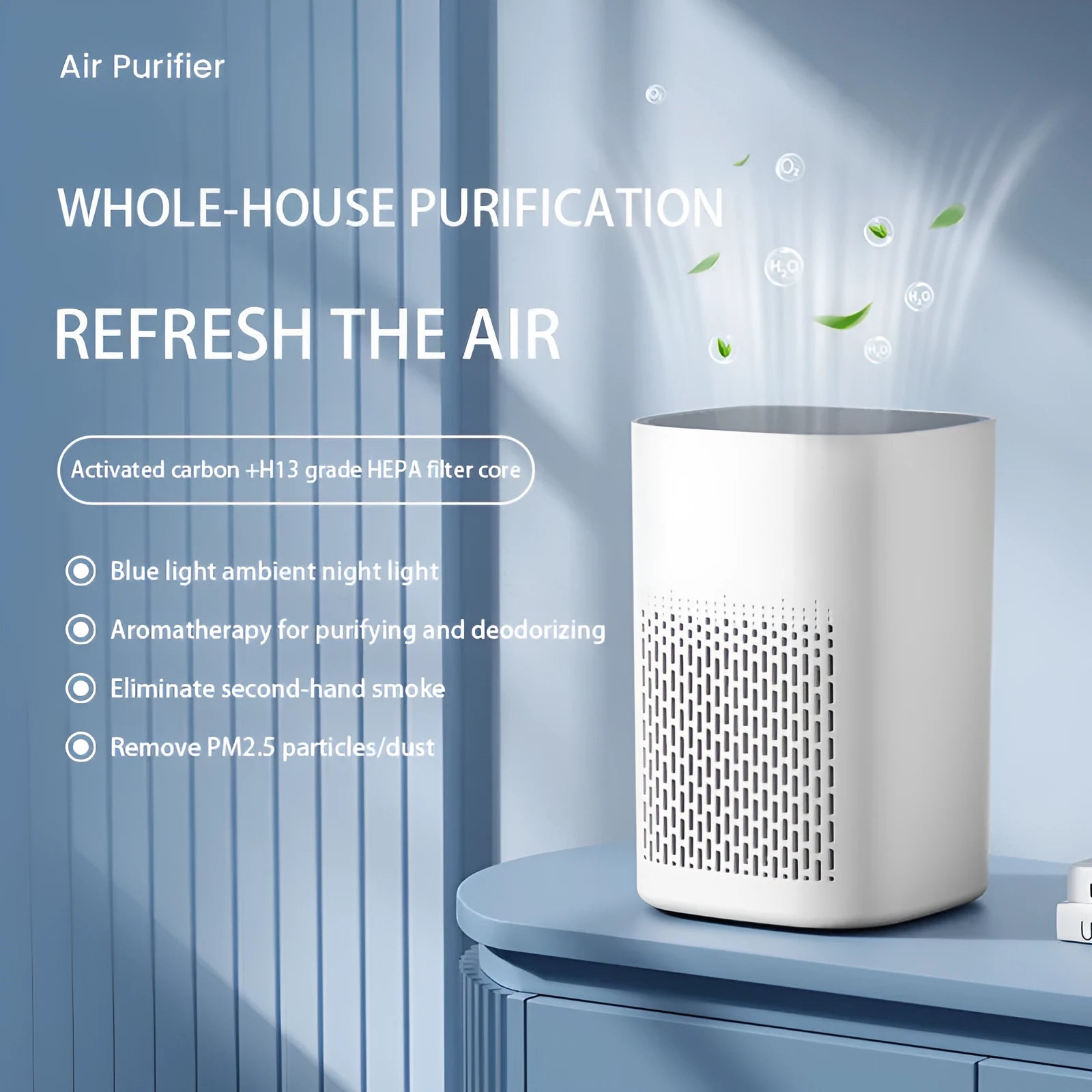 Compact desktop air purifier with USB cable connection and simple modern design