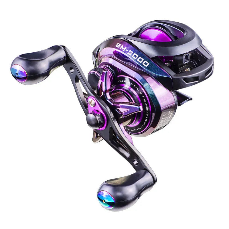 BM2000 fishing reel with colourful finish and magnetic brake system, shown in left-hand and right-hand model options.
