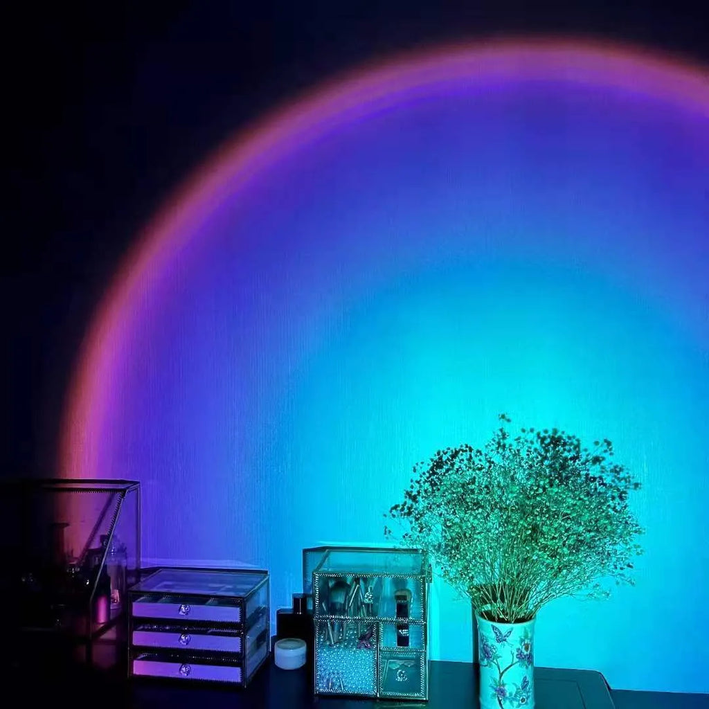 USB rechargeable rainbow sunset projection lamp showing sunset red colour effects