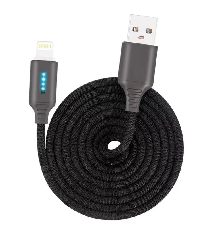 Fabric braided USB charging cable in black, 1 metre long with USB and device connectors