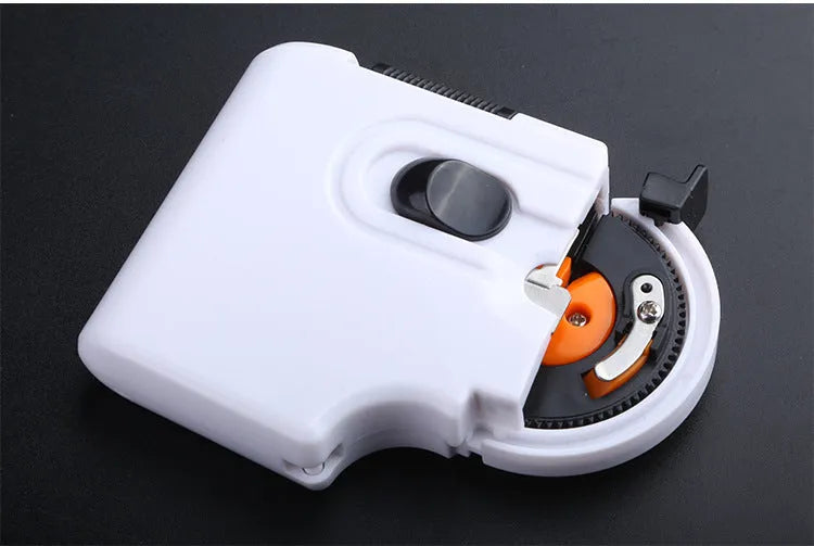 Fully automatic hook tie device in ABS plastic, shown in Black, Tan and White, with Long and Short size options for fishing hook tying.