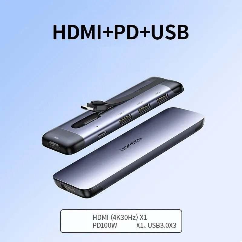 USB-C docking station hub with short cable showing HDMI, USB 3.0, PD charging, VGA, and Ethernet ports.
