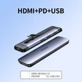 USB-C docking station hub with short cable showing HDMI, USB 3.0, PD charging, VGA, and Ethernet ports.