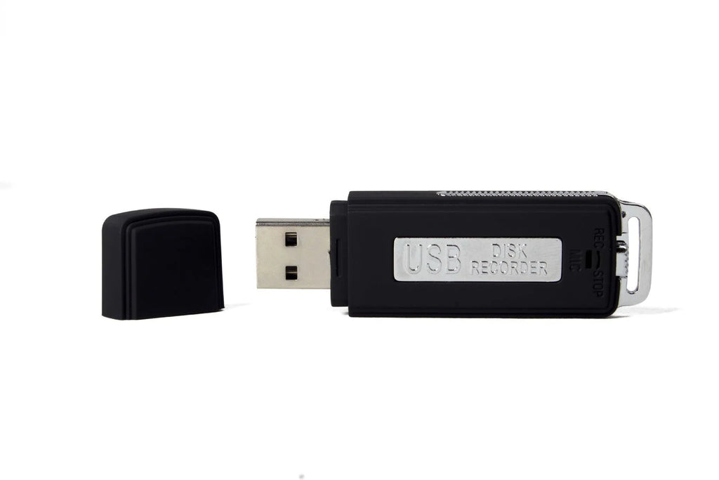 Black 8GB portable USB voice recorder with unidirectional microphone and rechargeable lithium battery