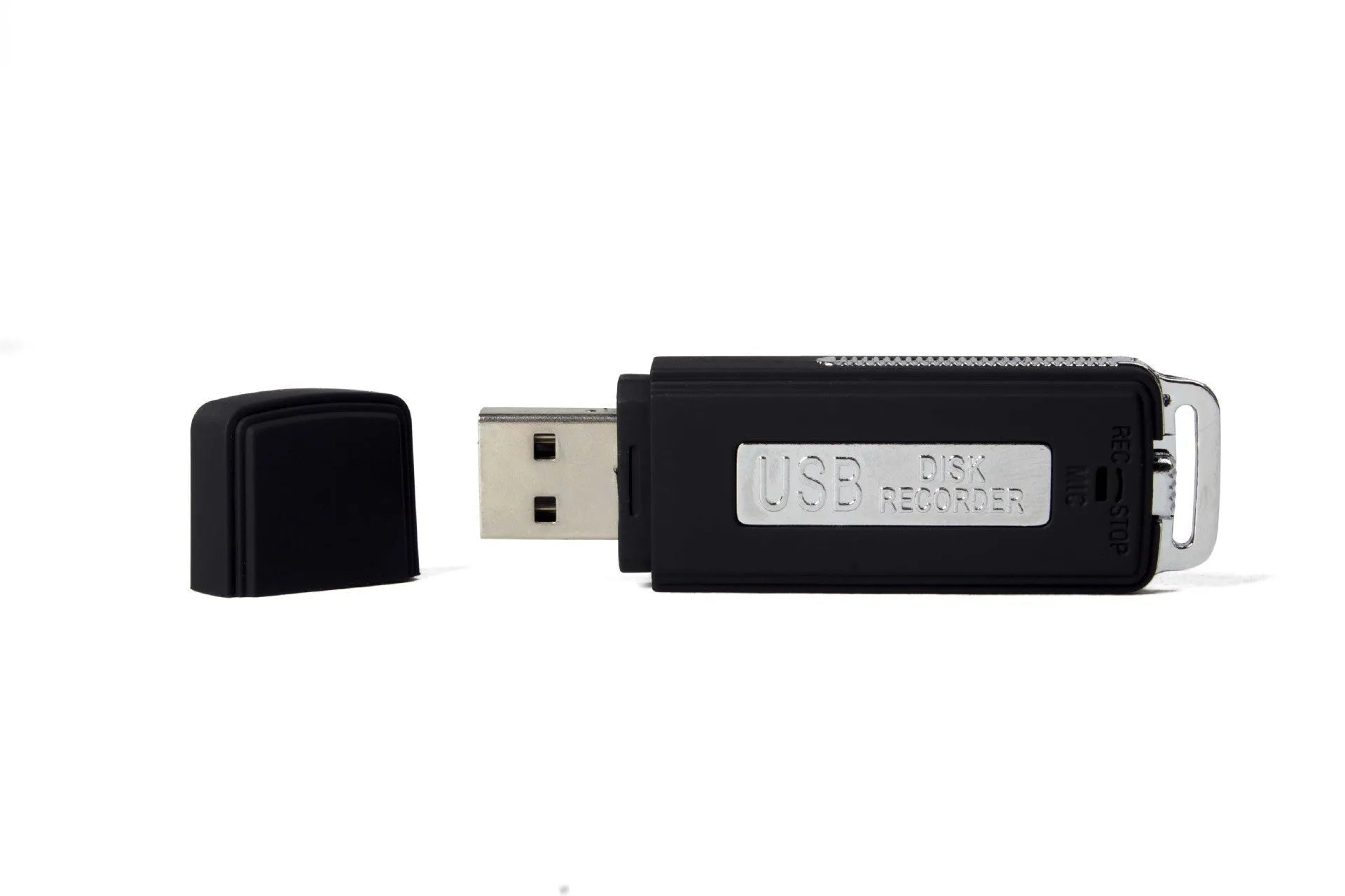 Black 8GB portable USB voice recorder with unidirectional microphone and rechargeable lithium battery