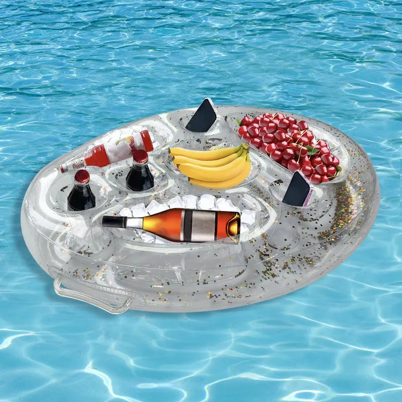 Inflatable PVC ice bar for parties shown in two sizes with optional silver grey cup holder and yellow ice bucket accessories.