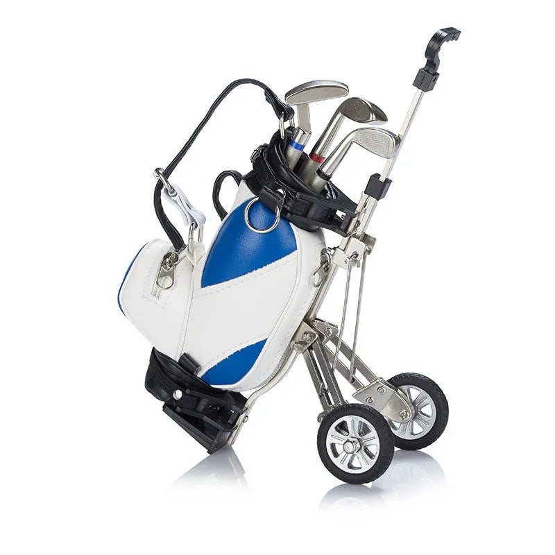 Golf bag shaped pen holder in carved PU leather with alloy accents, blue colour option