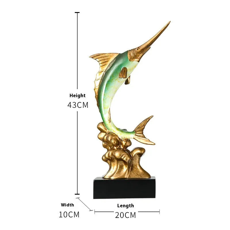 European-style resin swordfish decorative ornament in a choice of four colours on a shelf.