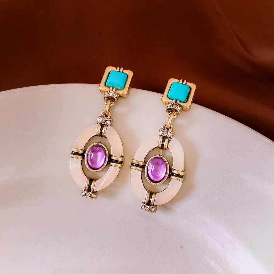 Diamond oval pendant earrings and clavicle necklace jewellery set in Chinese style alloy silver needle golden blue purple