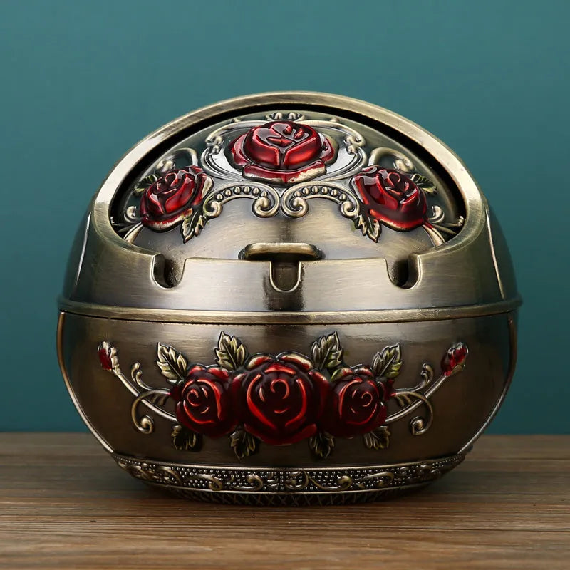 Bronze alloy ashtray with decorative fortune tree design and smoke extinguishing slot.