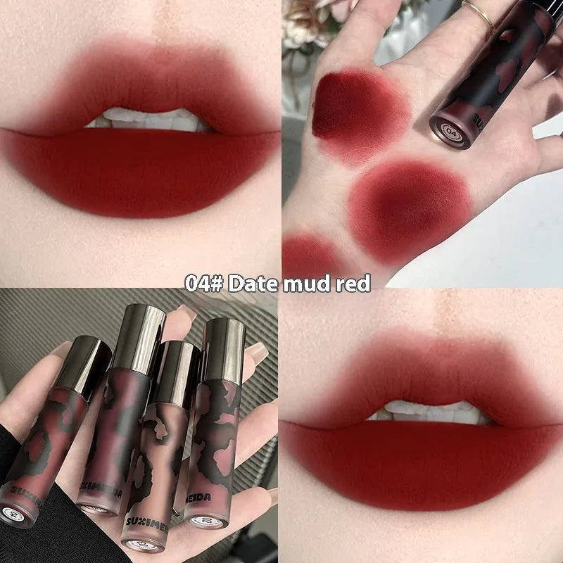 Lava Secret Matte Lip Mud Lipstick tube in one of five colours: Orange Brown Coffee, Cool Gray, Cinnamon Coffee, Jujube Red, or Smoked Purple.