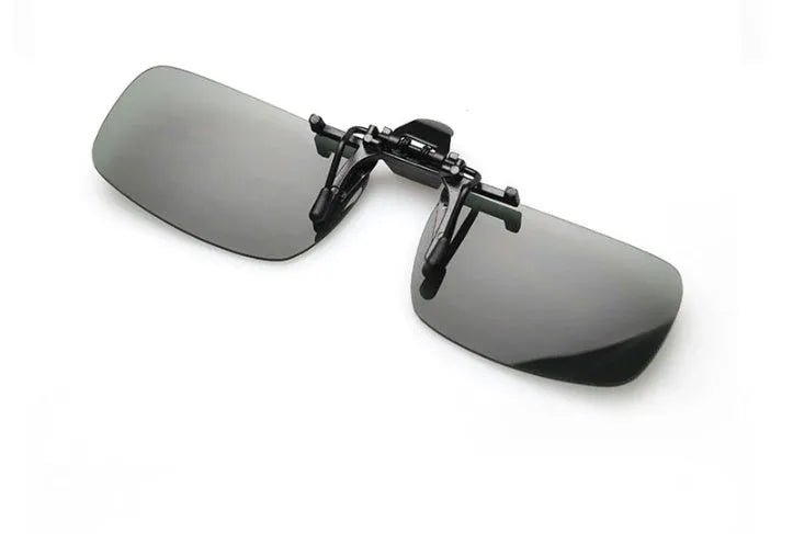 Plastic clip-on sunglasses overlay for prescription glasses, shown in large size with grey tinted lens.