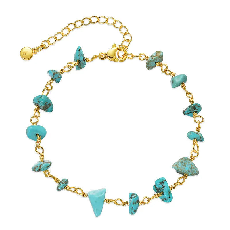 Women's geometric bracelet with irregular natural gravel stones in turquoise blue on 18K gold-plated copper