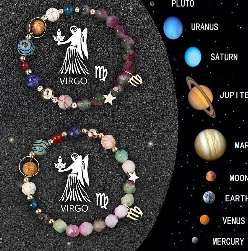 Two natural stone beaded bracelets on a wrist showing zodiac symbols, with an elastic cord.