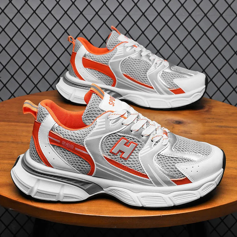 Men's mesh running shoes in three colour options showing round toe design and plastic sole construction