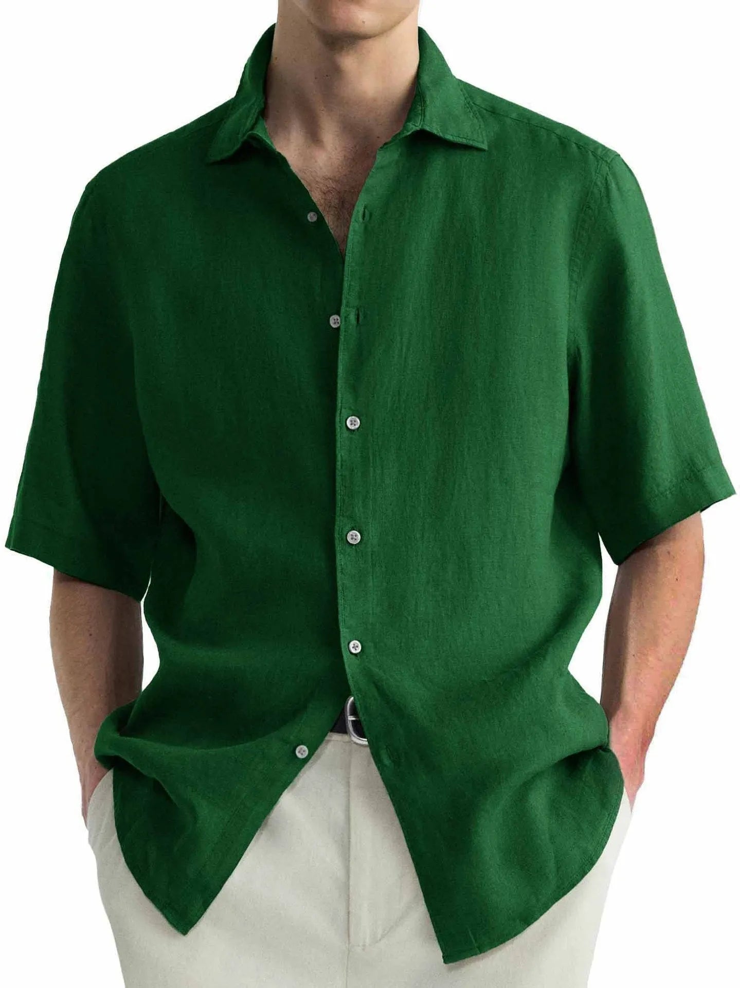 Men's green washed cotton casual cardigan shirt on a hanger