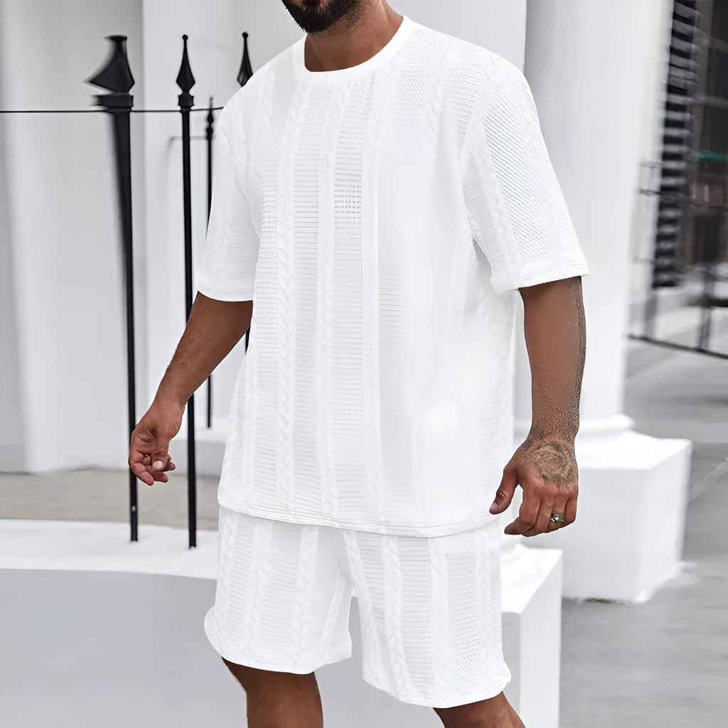 Knitted polyester summer pullover and shorts set in solid colour with Jacquard textured pattern