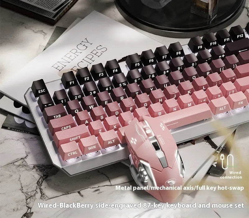 87-key wired mechanical keyboard with side-engraved keycaps, silver white finish, compact layout