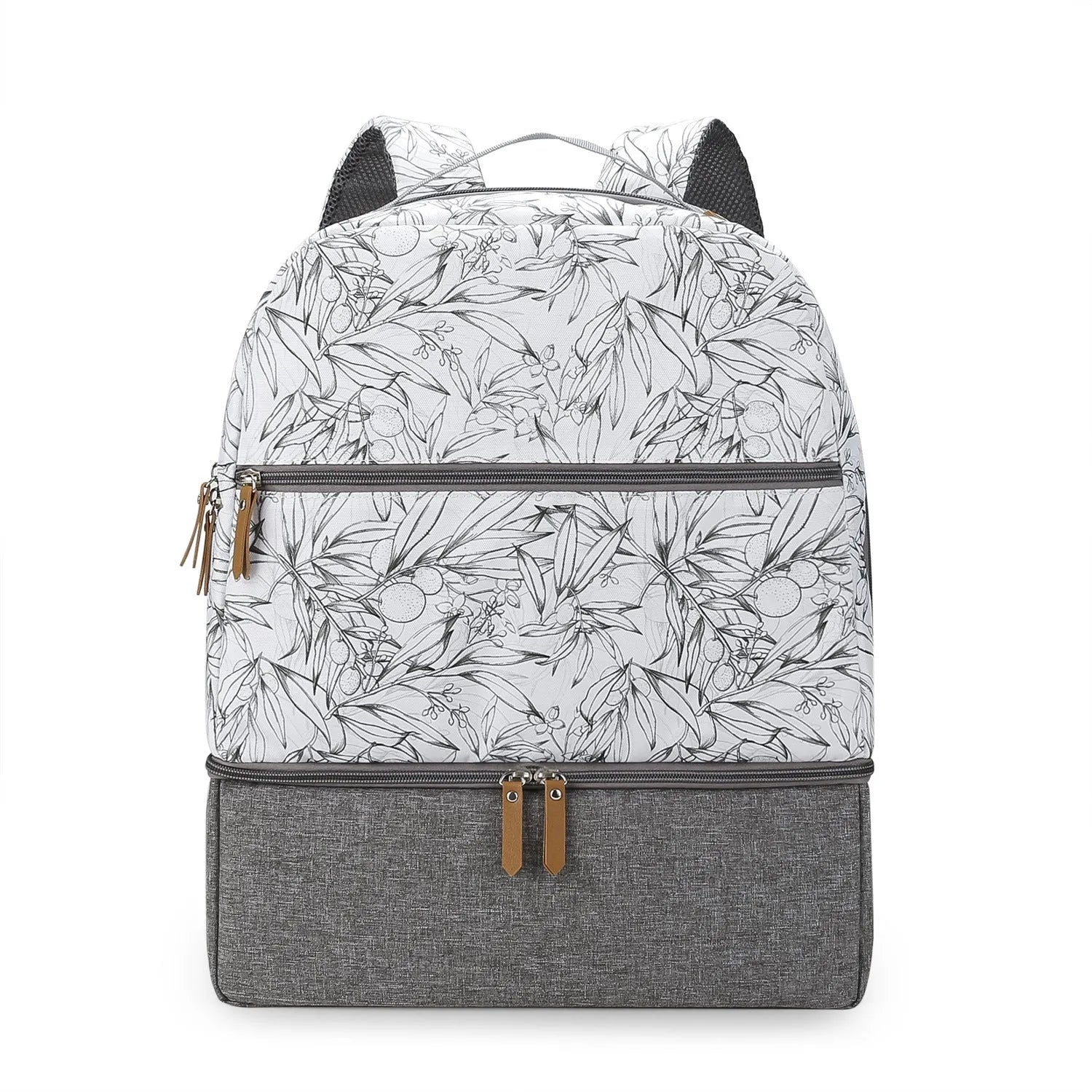 Grey insulated baby carrier backpack with curved shoulder straps and multiple compartments for mother and child travel