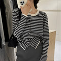 Dark grey and white striped women's cardigan coat with long sleeves and a slim fit.
