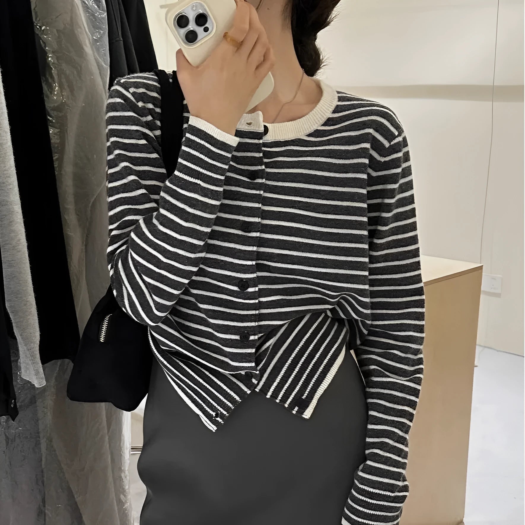 Dark grey and white striped women's cardigan coat with long sleeves and a slim fit.