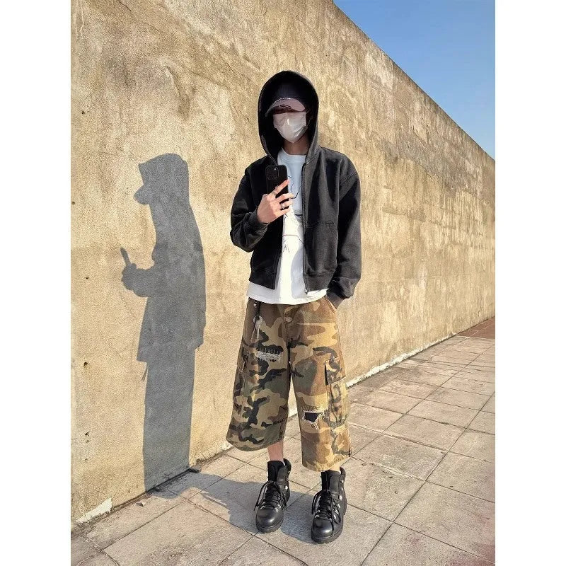 Men's camouflage cropped jeans with patch ripped detailing and straight leg cut
