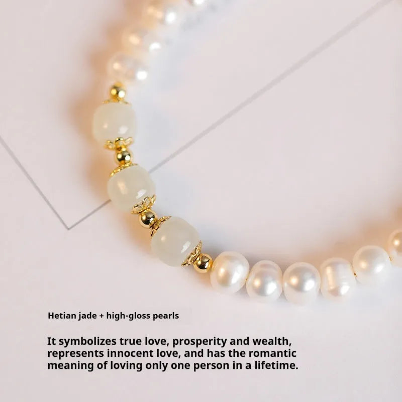 Korean style freshwater pearl bracelet with diamond-shaped beads in Hetian jade green colour.