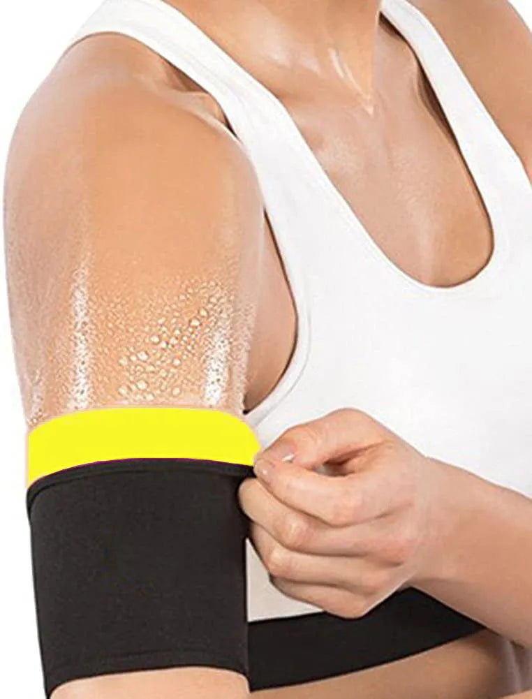 Adjustable arm compression sweatband in blue with hook-and-loop closure, worn on forearm.