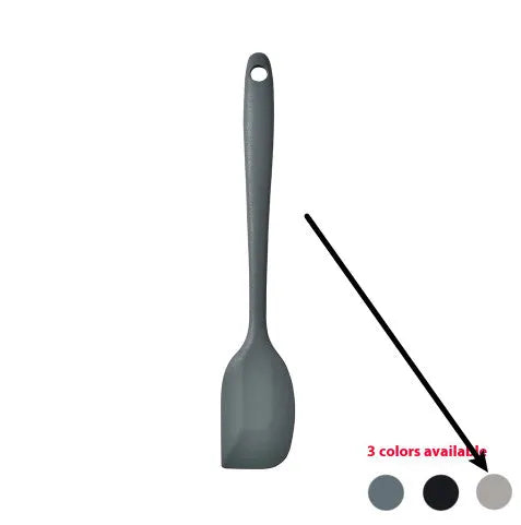 12-piece silicone kitchen utensil set in rotating storage bucket, including spatula, spoon, ladel, and egg beater on kitchen counter.