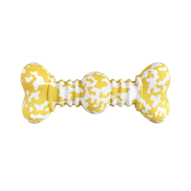Green, white, and yellow camouflage pattern natural rubber dog chew bone for large breeds.