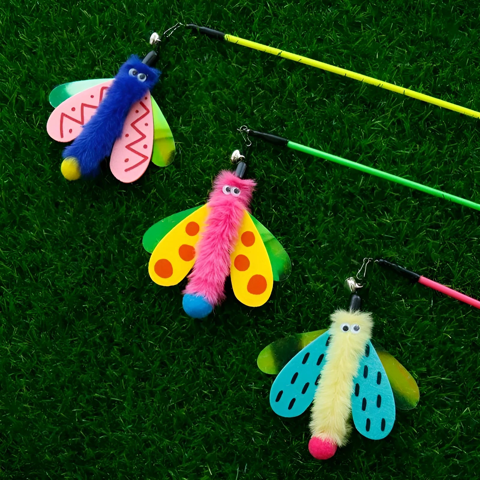 Cat wand toy with dragonfly attachment and bell on 49cm ABS plastic stick