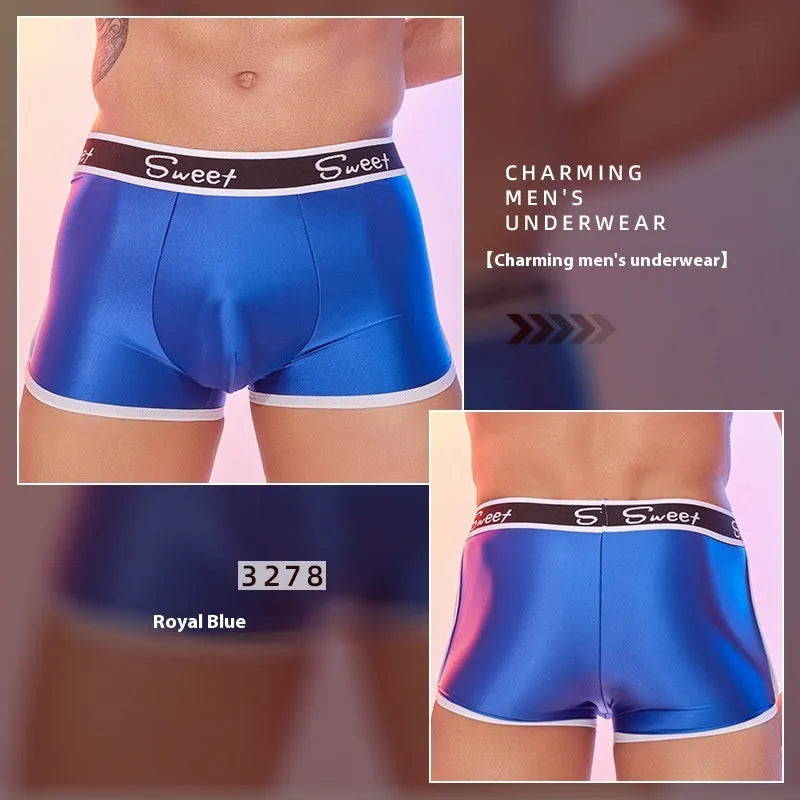 Men's silky shiny nylon boxer shorts in black, white and sapphire blue colours