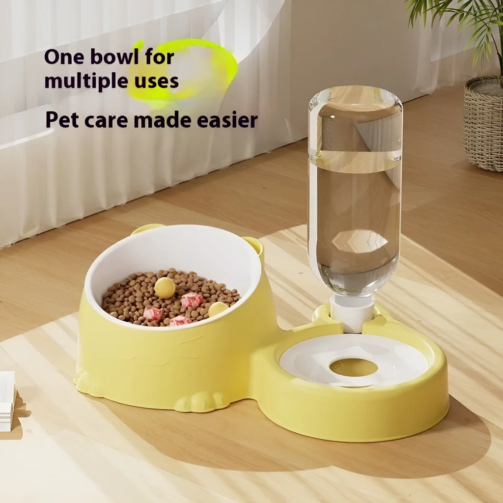 Double bowl automatic pet feeder for cats in haze blue colour with stainless steel and ceramic parts.
